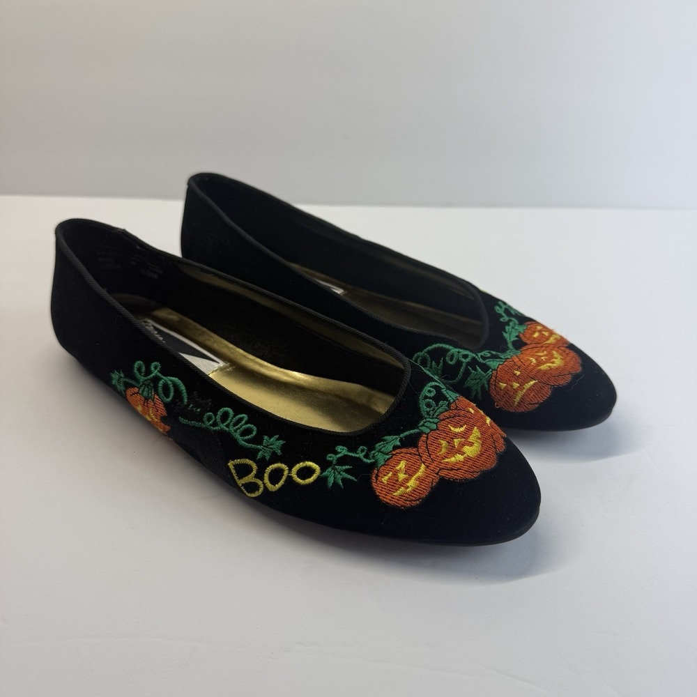 VTG Halloween Mootsies Tootsies Flats Shoes Women's 6.5 Black Velvet Embroidered